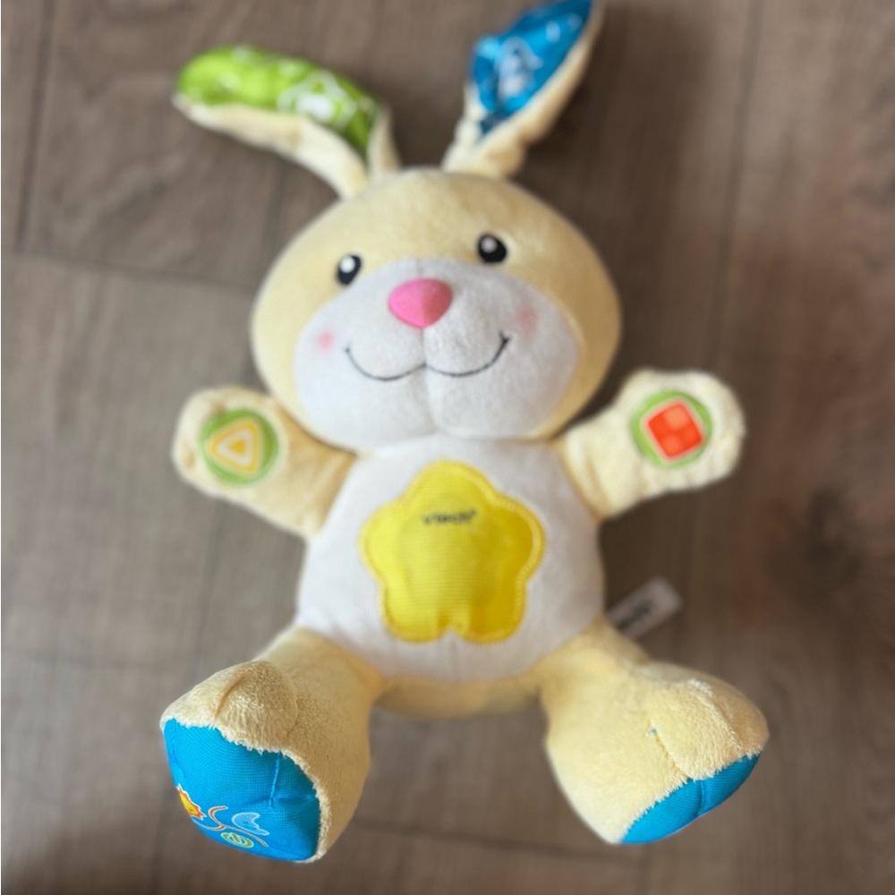 Plush Yellow Bunny Toy with Blue & Green Accents - Cute Cuddle Friend